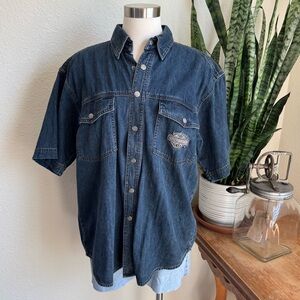 Vintage Harley-Davidson Denim Shirt M – Embroidered Logo – Biker‎ Grunge